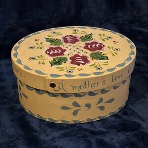 Vintage Hand-Painted Wooden Mother’s Box Folk Art Floral Keepsake Lined Box